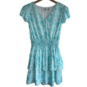 VINEYARD VINES Palm Smocked Mini Dress | Teal Blue + White Flutter Sleeve XS